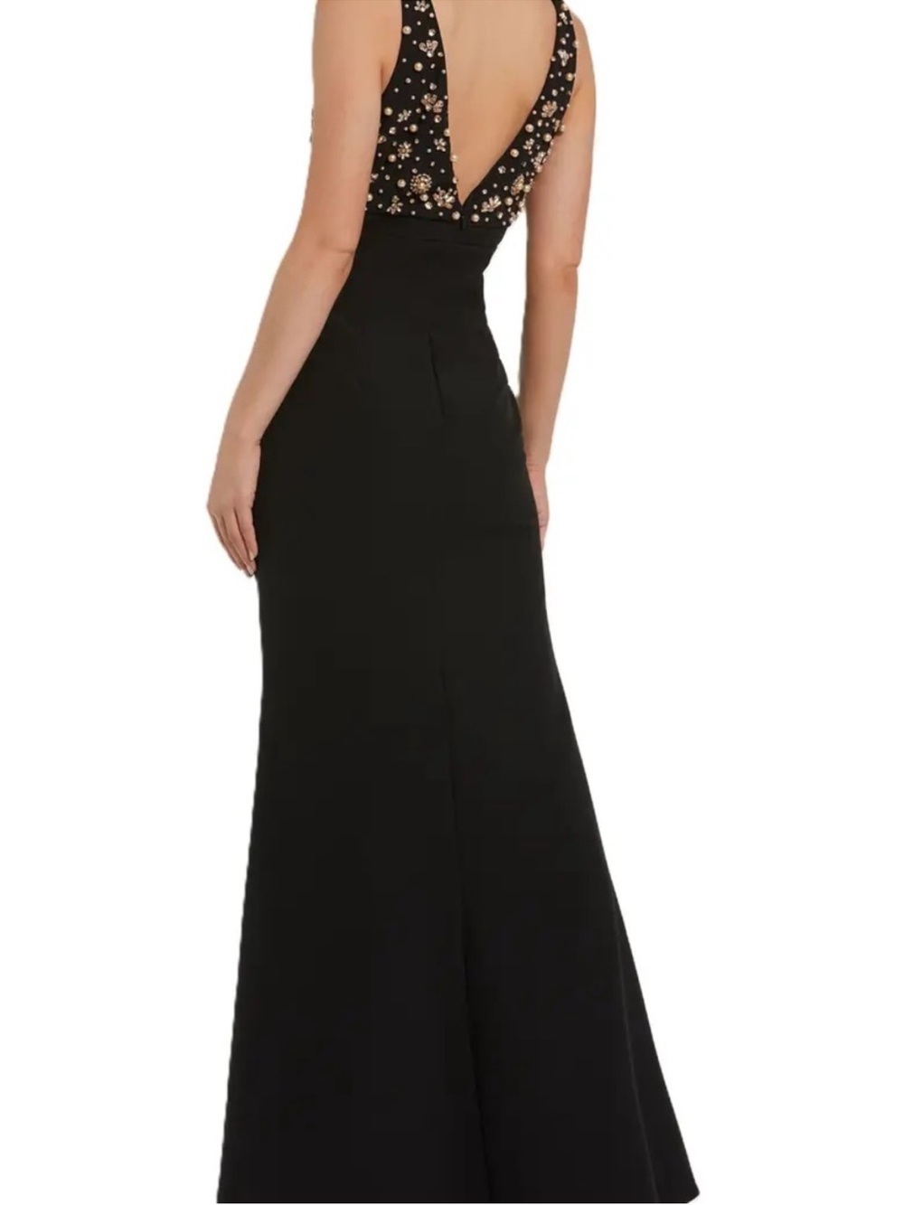 Mac Duggal 2278 Black Crepe Sleeveless Beaded V Neck Gown Bow SZ 14 NWT - Picture 4 of 9
